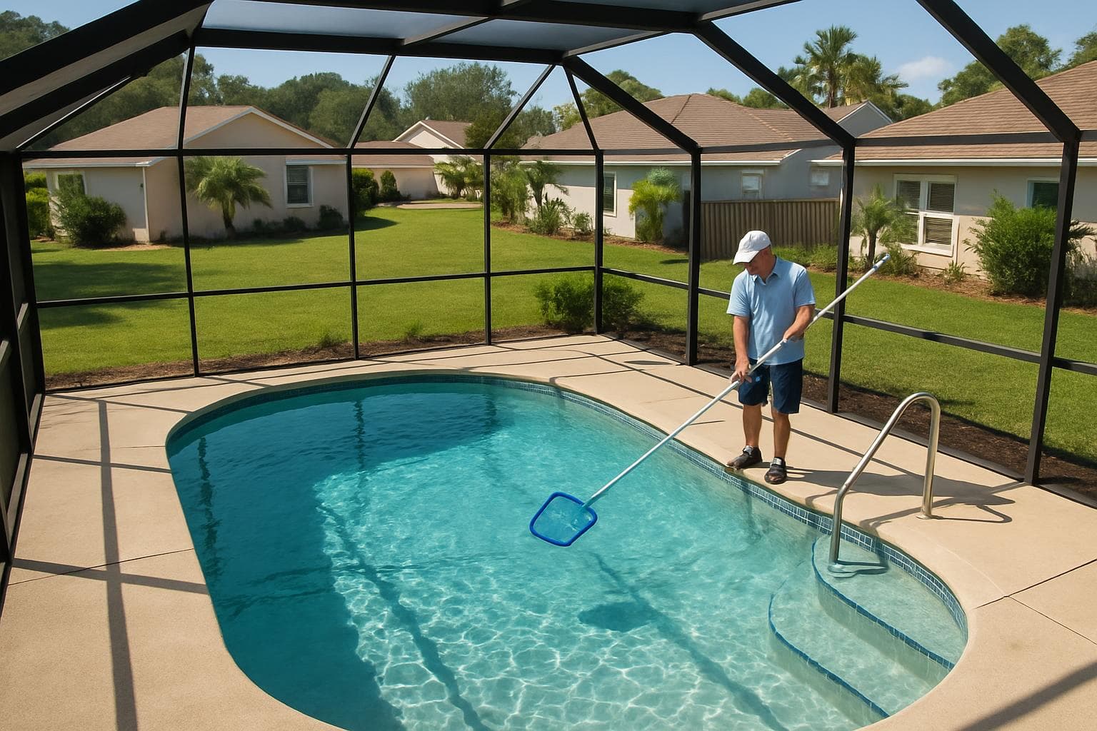 Aerial view of a pool technician skimming a residential pool in a St Petersburg Florida neighborhood