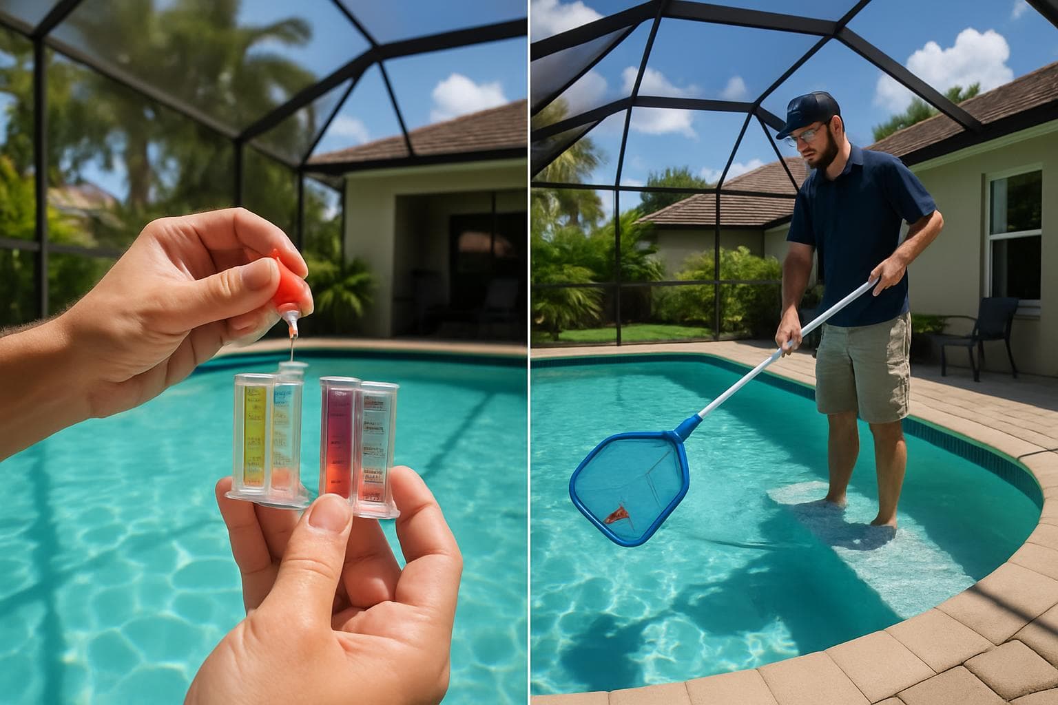 Split view showing pool water chemistry testing alongside surface skimming at a Florida residential pool