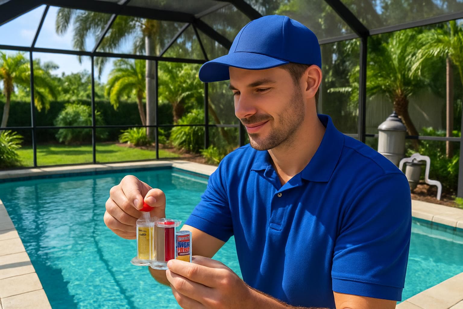 Pool technician testing water chemistry at a residential pool in a Florida screened lanai