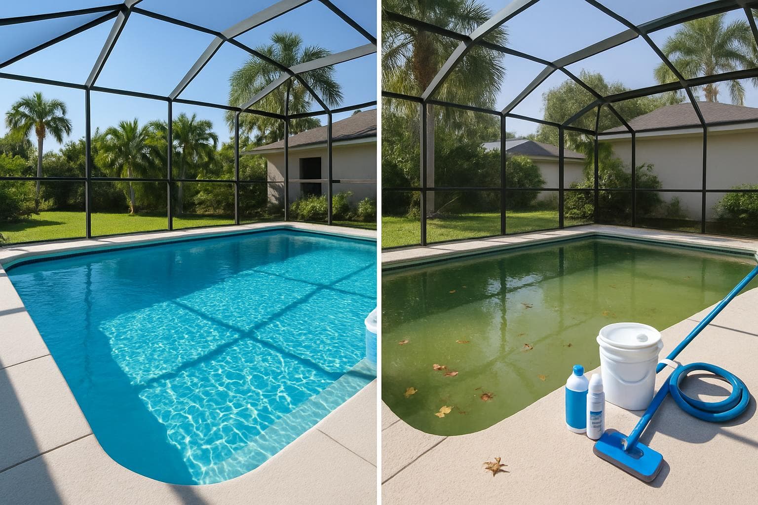 Split view comparing a professionally maintained crystal-clear pool with a neglected green DIY pool